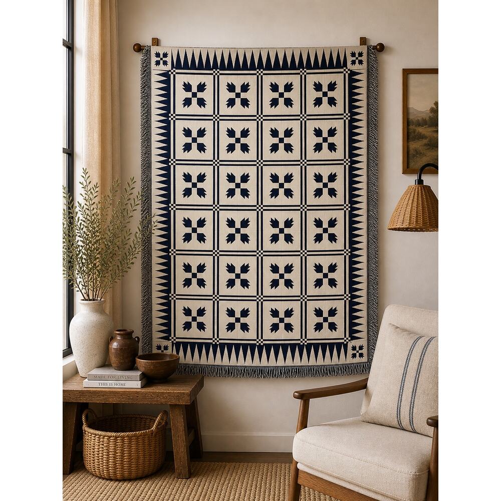 Woven Throw Blanket 72x50 Navy Cream Geometric Fringe Boho Farmhouse Decor